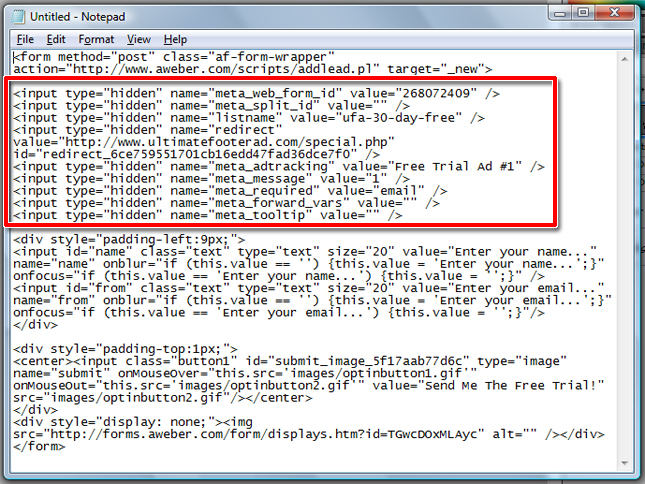 Then copy and paste the code in the plugin settings' “Hidden AWeber Form Fields” box.