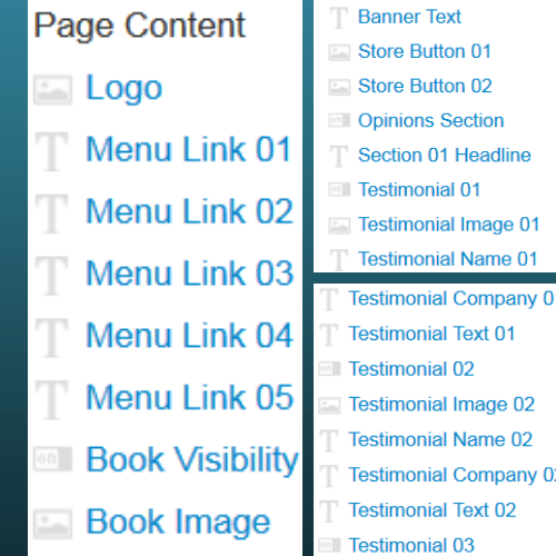 Leadpage content menu items