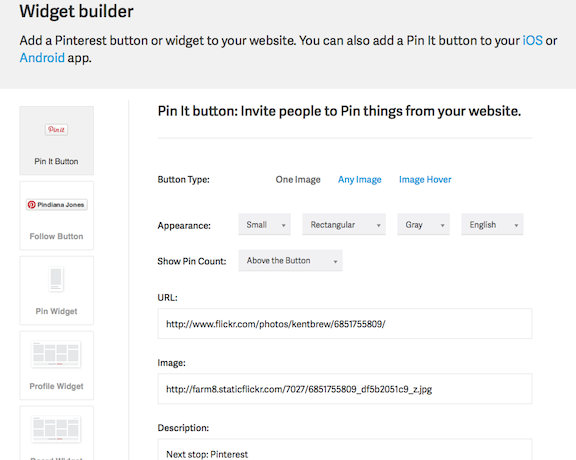 Pinterest takes you to this customization page